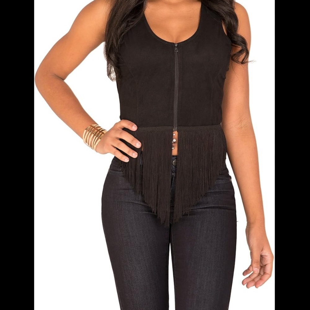 Black Sleeveless Fringe Top
